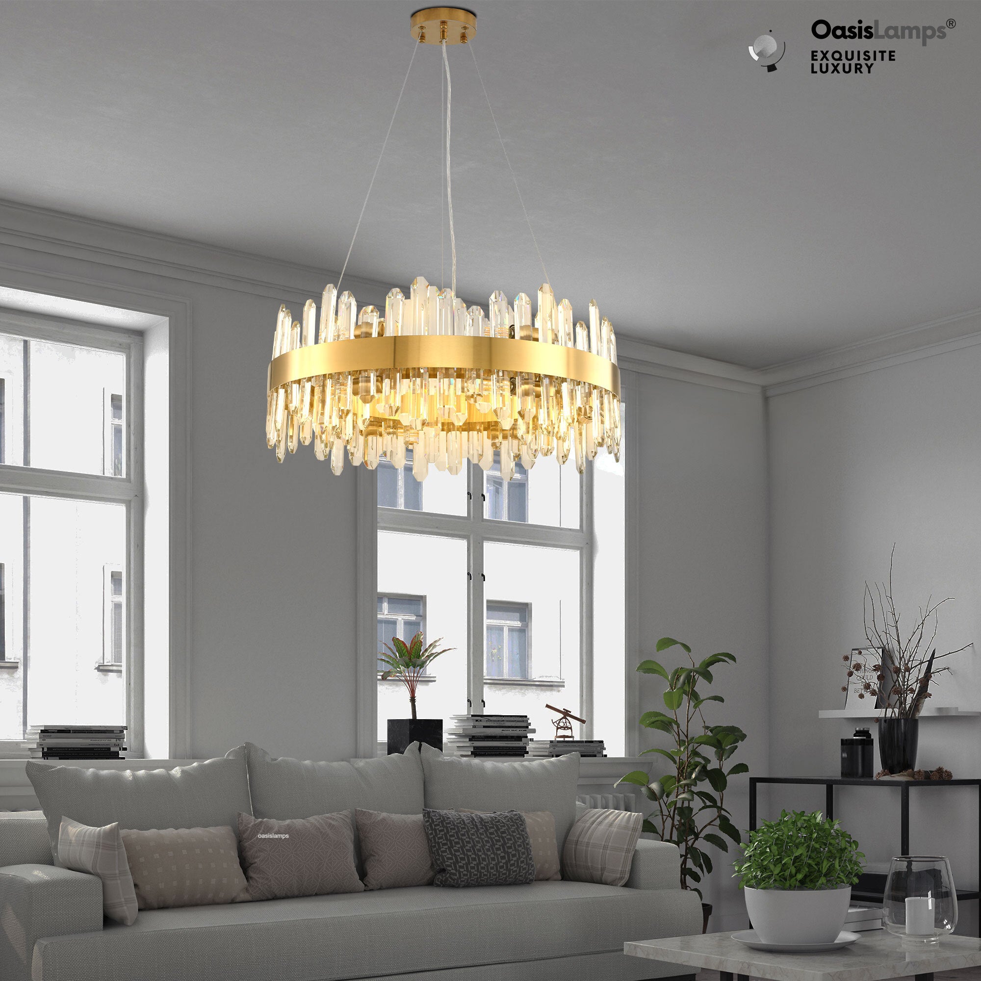 Stellara Crystal Strip Round Halo Chandelier 24" 32" 40"D#color_brass,size_24''D