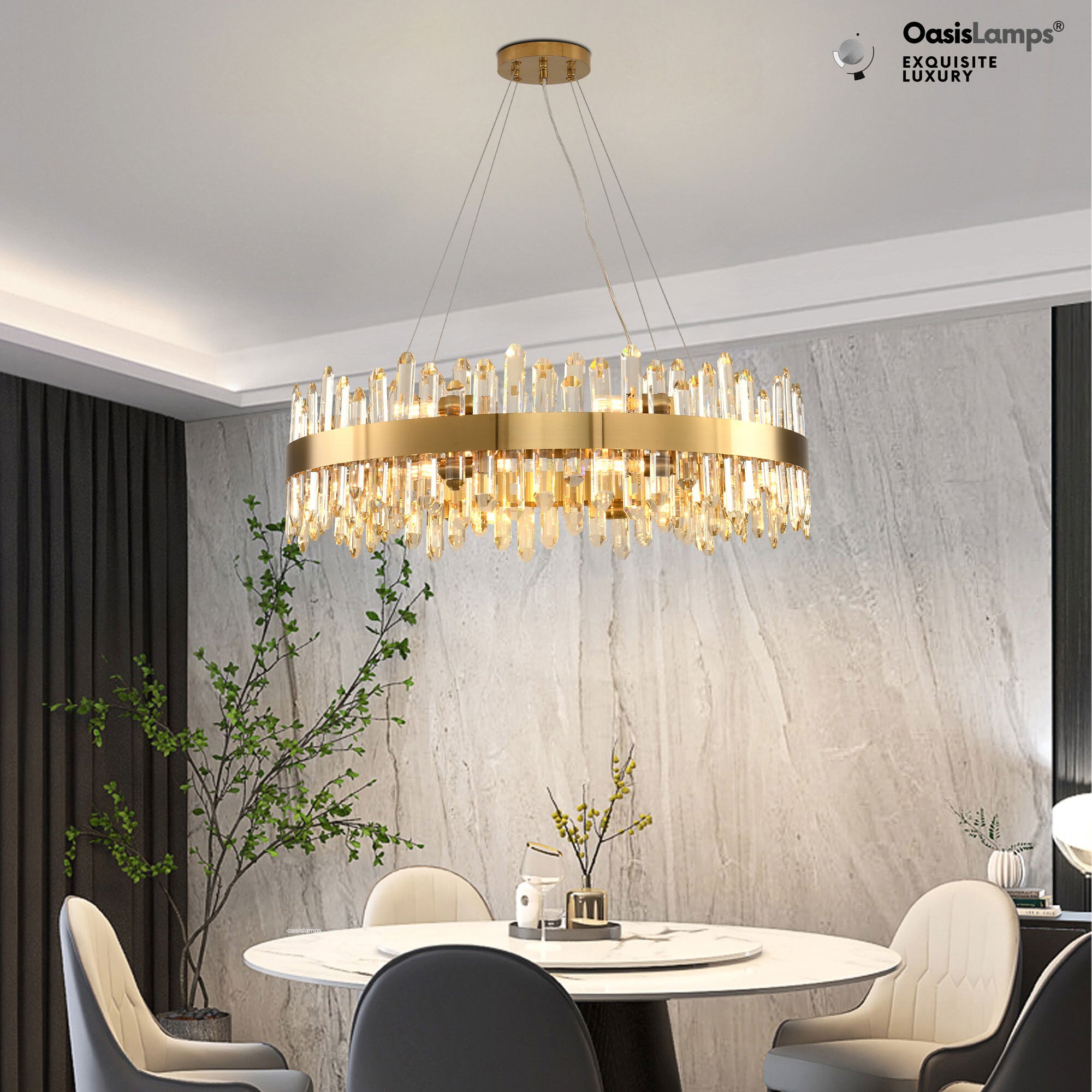 Stellara Crystal Strip Round Halo Chandelier 24" 32" 40"D#color_brass,size_32''D