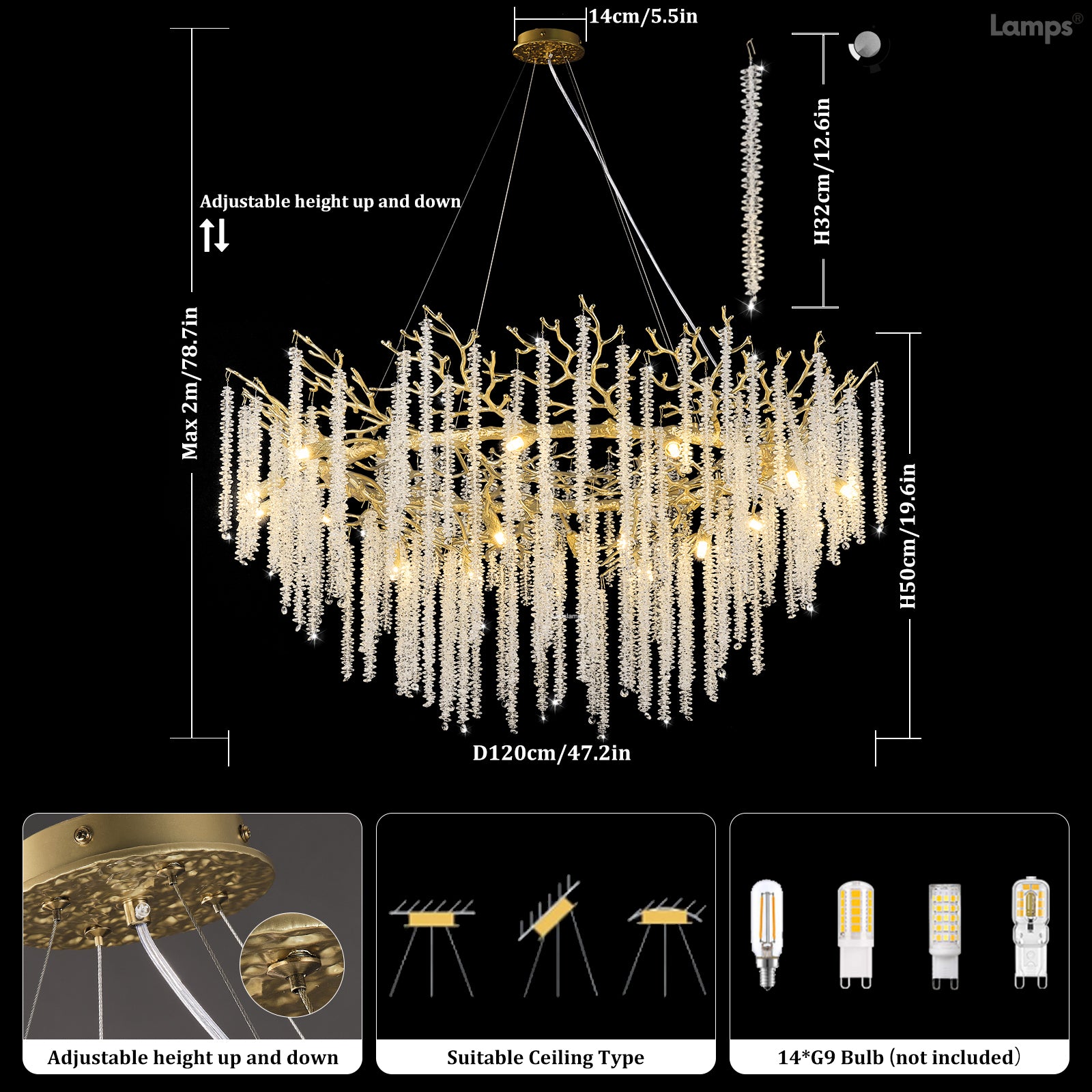 Snow Tree Branch Chandelier 47''D#Color_brass