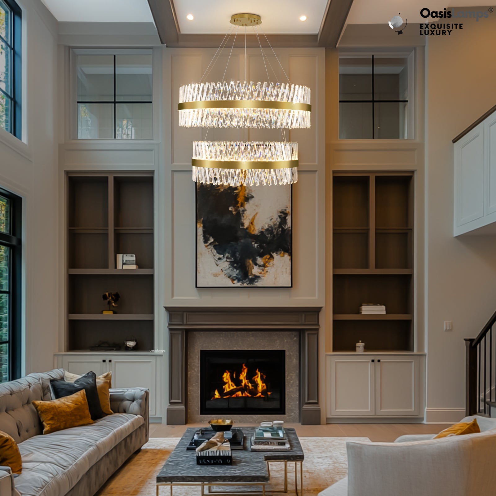 Vetro Prism Crystal 2-Tier Chandelier 31.5" 40" L#Color_Brass,size_D40"+D31.5"