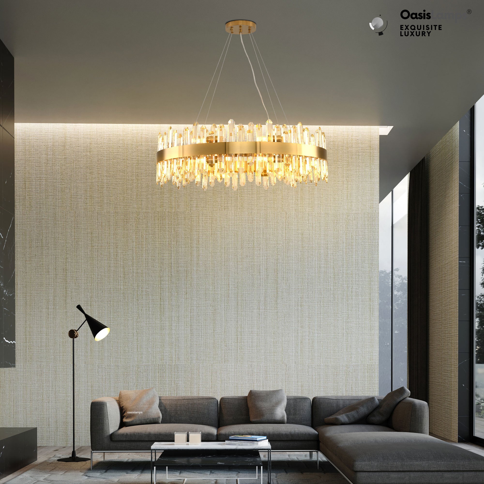 Stellara Crystal Strip Round Halo Chandelier 24" 32" 40"D#color_brass,size_32''D