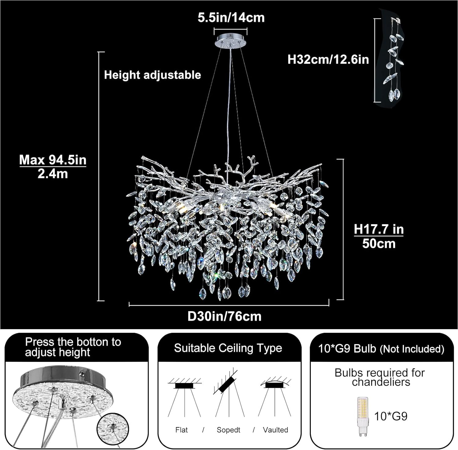 Frostleaf Cascade Branch Crystal Round Chandelier 30" 40" D#color_silver,size_D-30inches