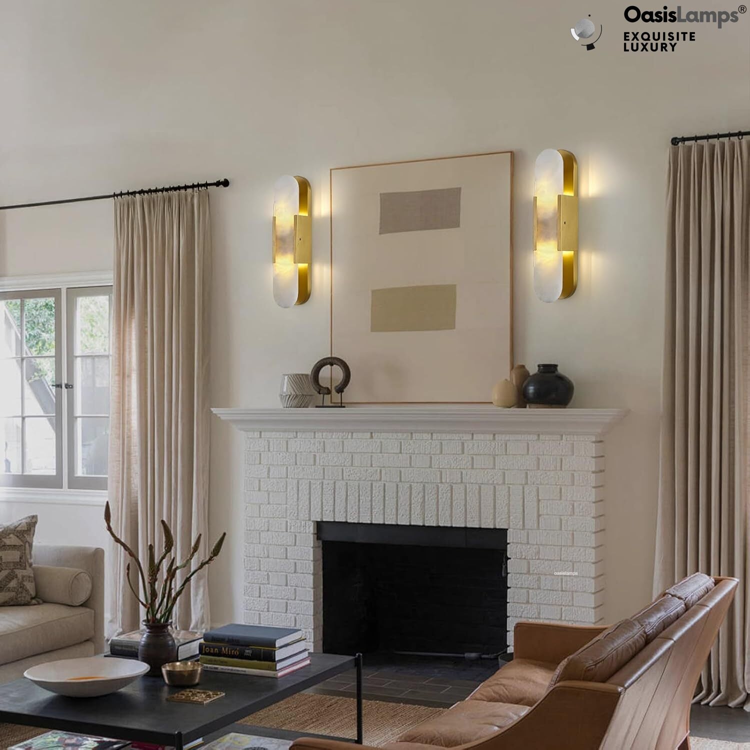 OpalEdge Oval Alabaster Wall Sconces 13.8" 19.7"H#Color_brass,size_19.7" H-1 Pack