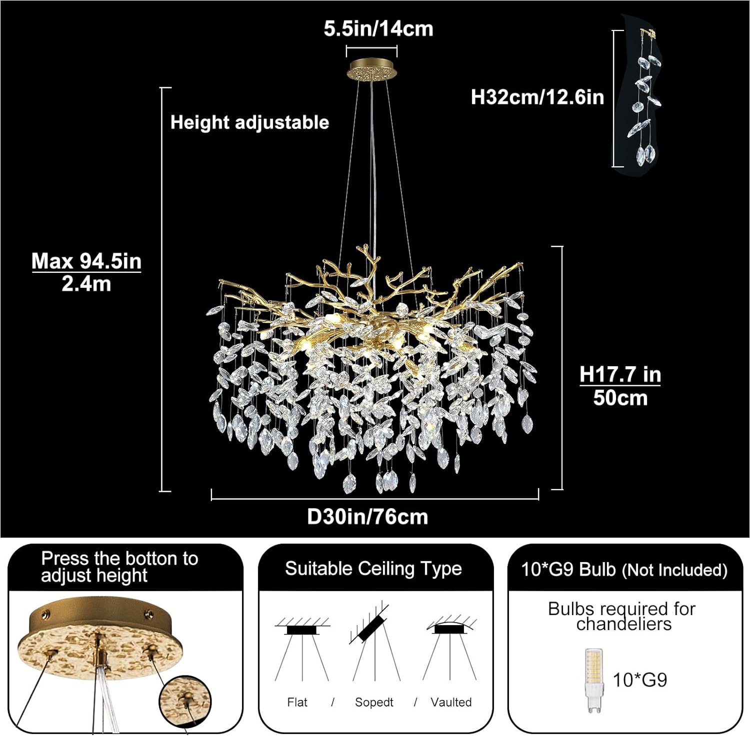 Frostleaf Cascade Branch Crystal Round Chandelier 30" 40" D#color_brass,size_D-30inches