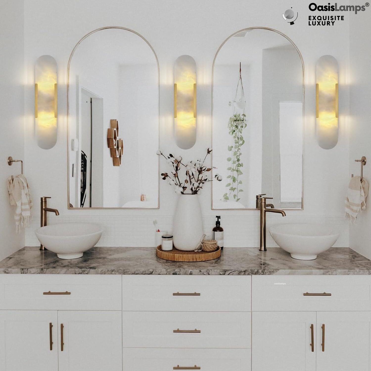 OpalEdge Oval Alabaster Wall Sconces 13.8" 19.7"H#Color_Brass,size_19.7" H-1 Pack