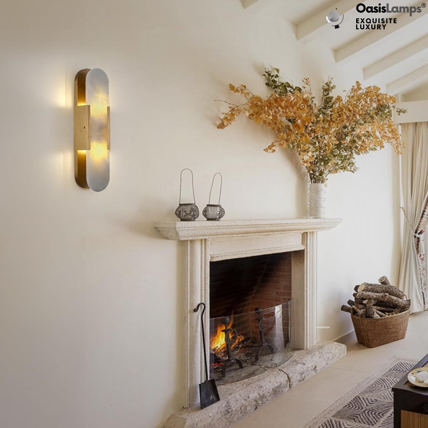 OpalEdge Oval Alabaster Wall Sconces 13.8" 19.7"H#Color_Brass,size_19.7" H-1 Pack