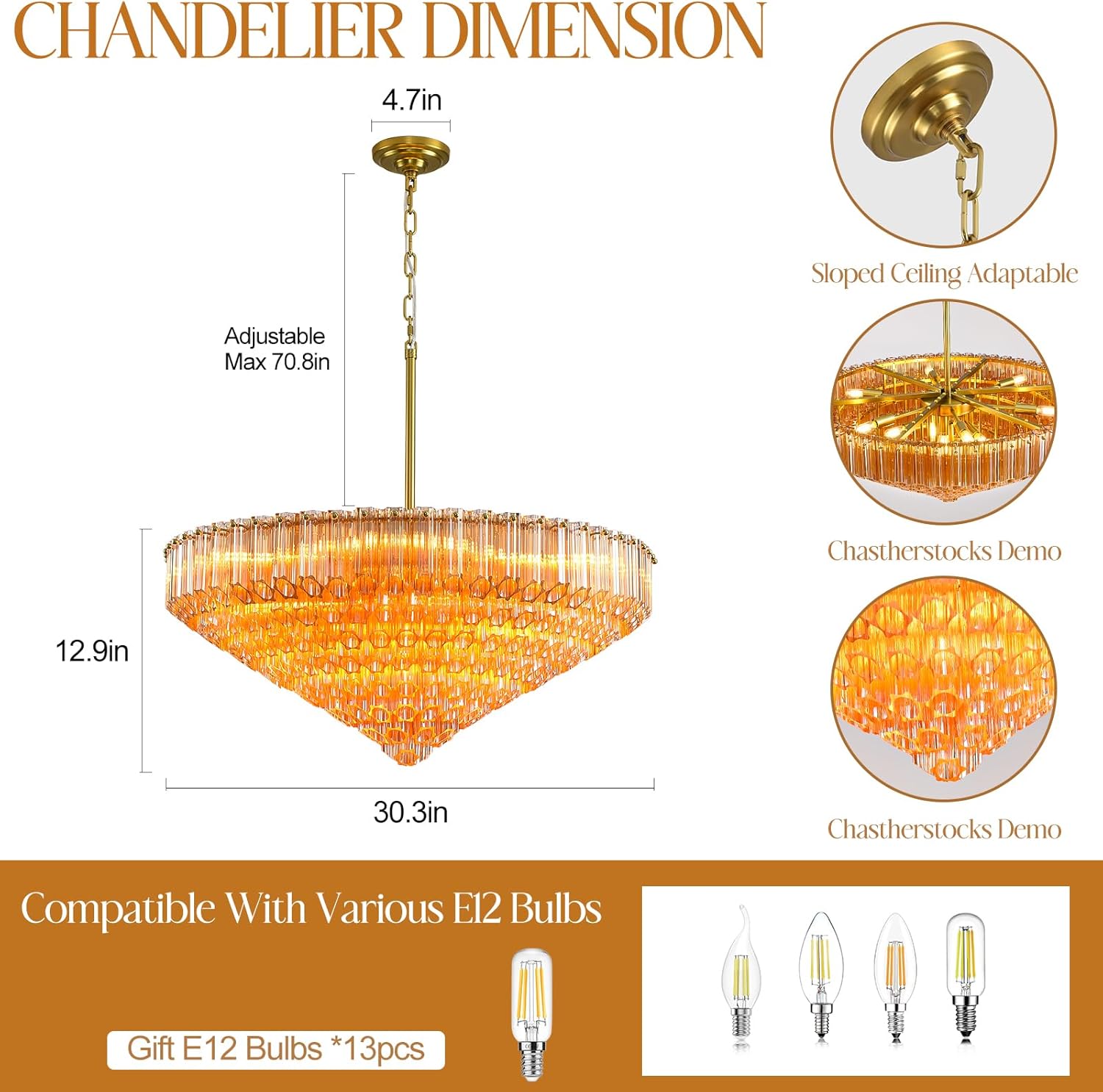Ethereal Radiance Clear Amber Round Crystal Chandelier 14" 30"D#glass color_amber,size_30in