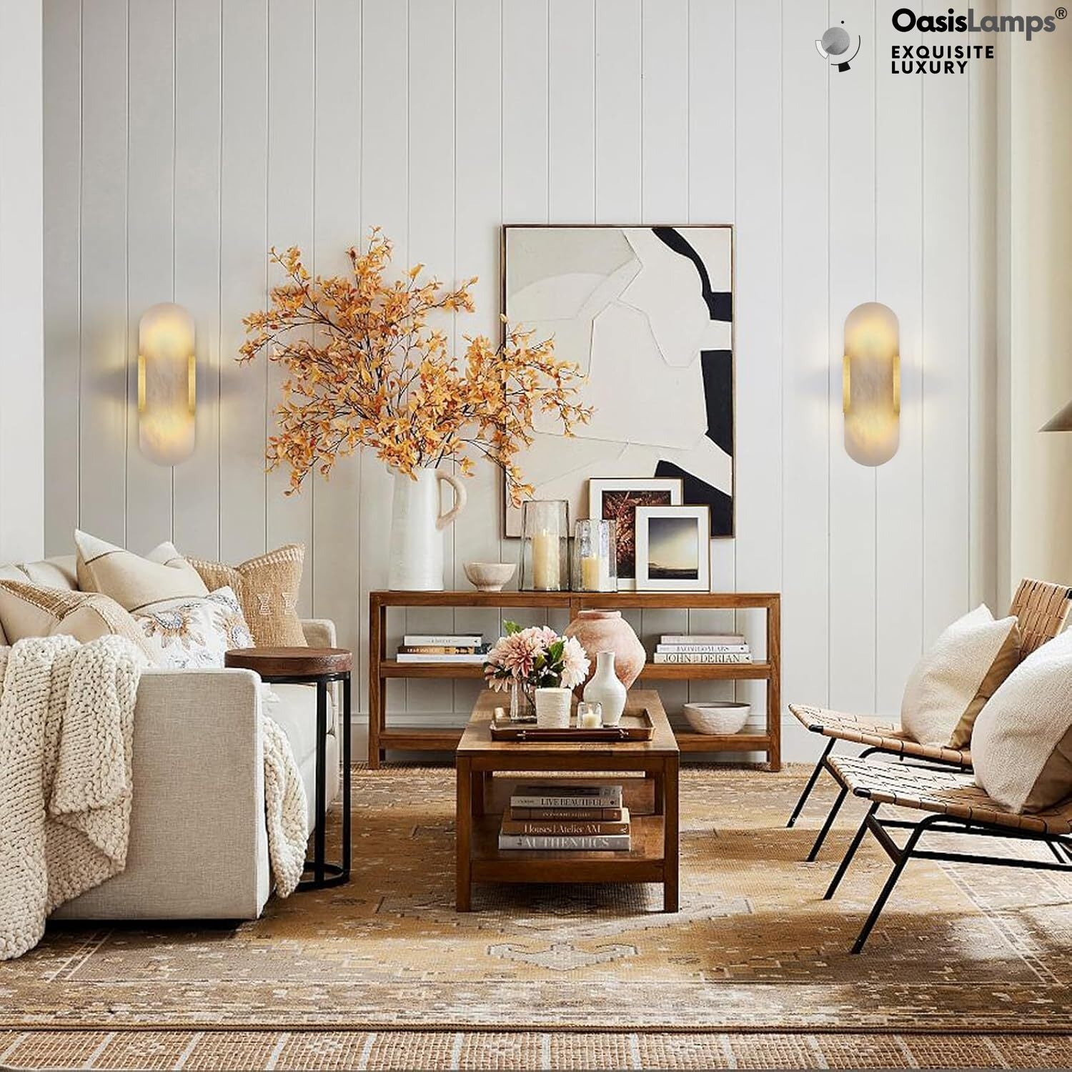 OpalEdge Oval Alabaster Wall Sconces 13.8" 19.7"H#Color_brass,size_13.8" H-1 Pack