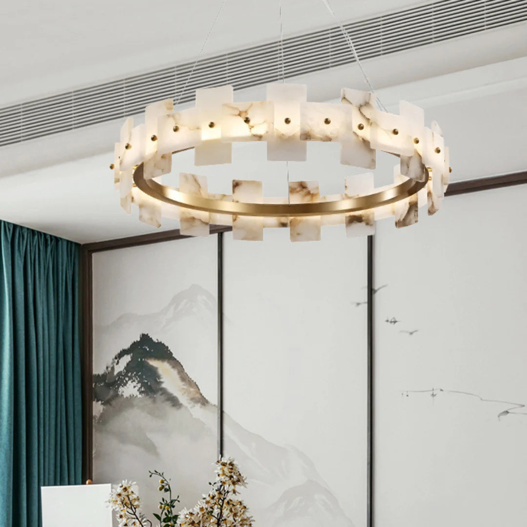 Swang Alabaster Halo Flake Brass Chandelier