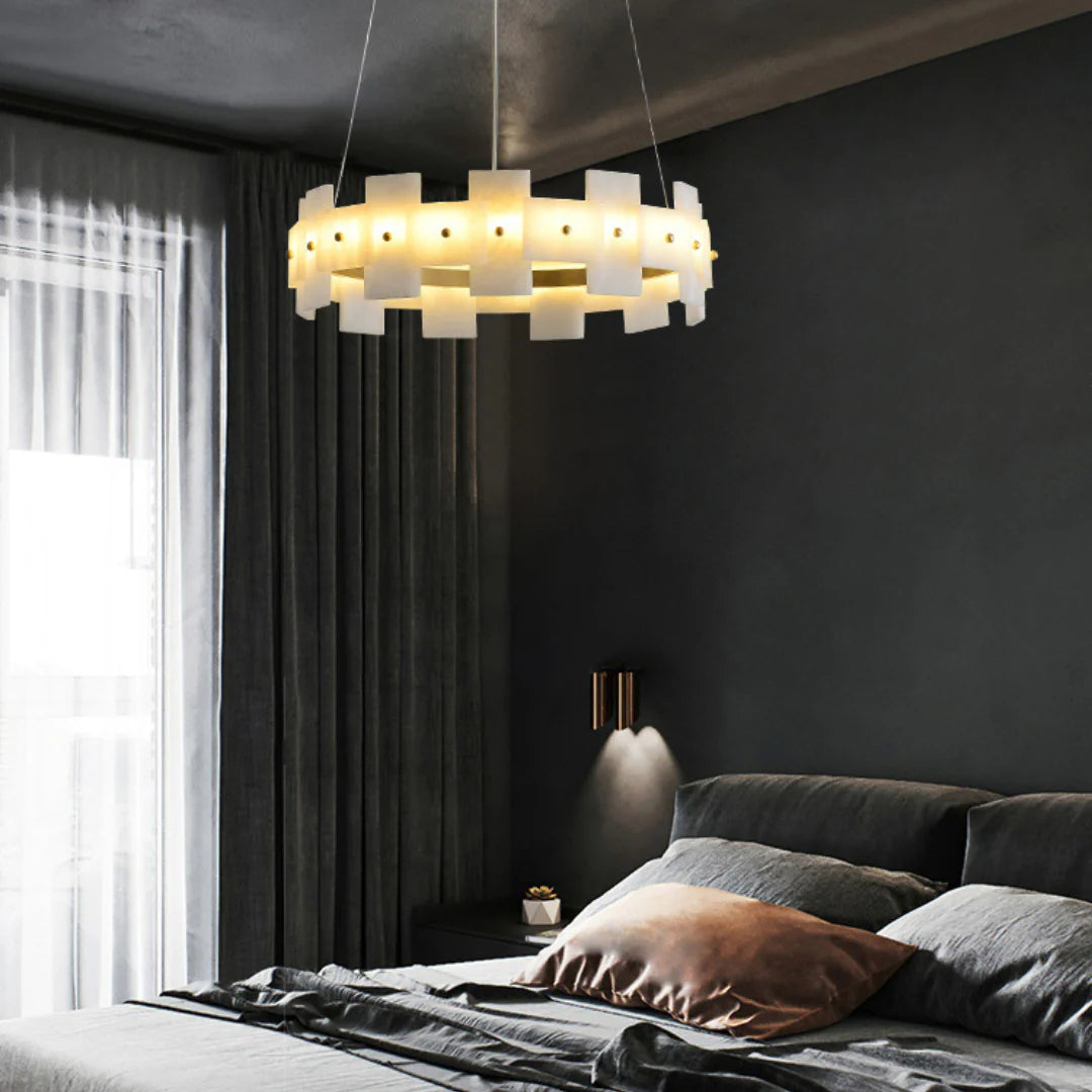 Swang Alabaster Halo Flake Brass Chandelier