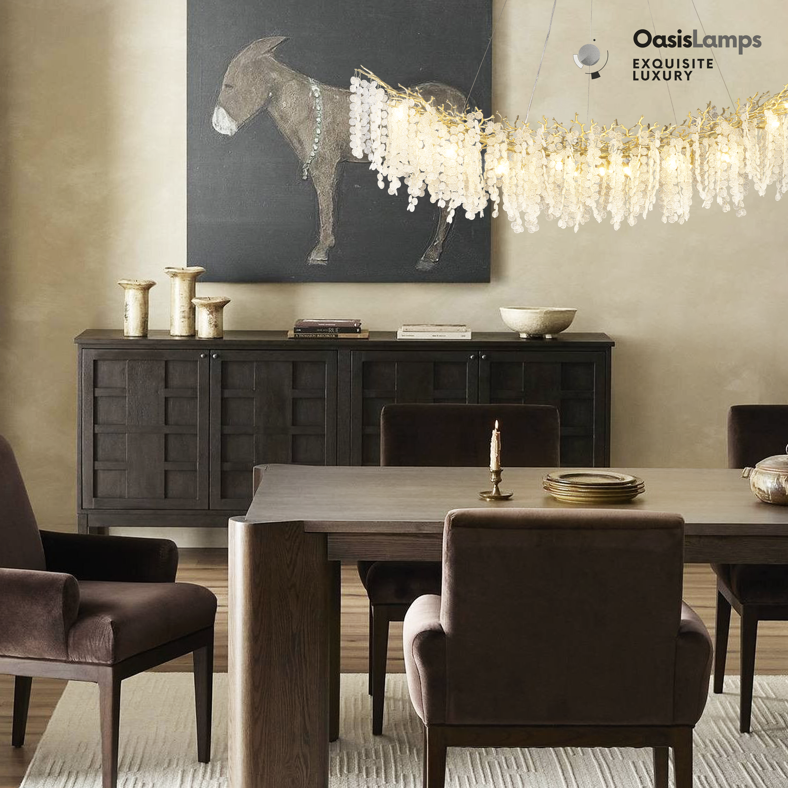 Shiro Noda Crystal Tree Branch Linear Chandelier 72"#Color_Brass,size_L-72in