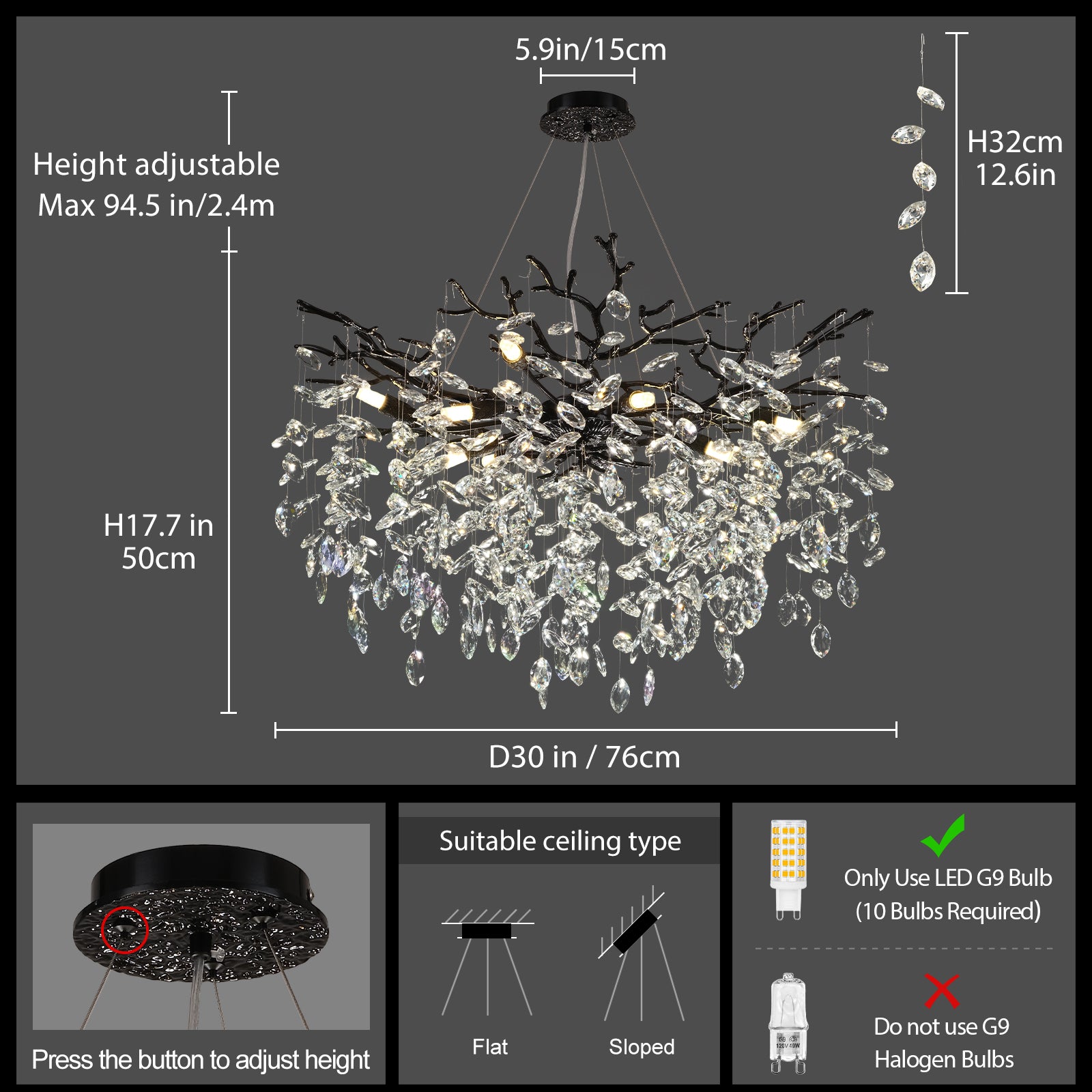 Frostleaf Cascade Branch Crystal Round Chandelier 30" 40" D#color_black,size_D-30inches