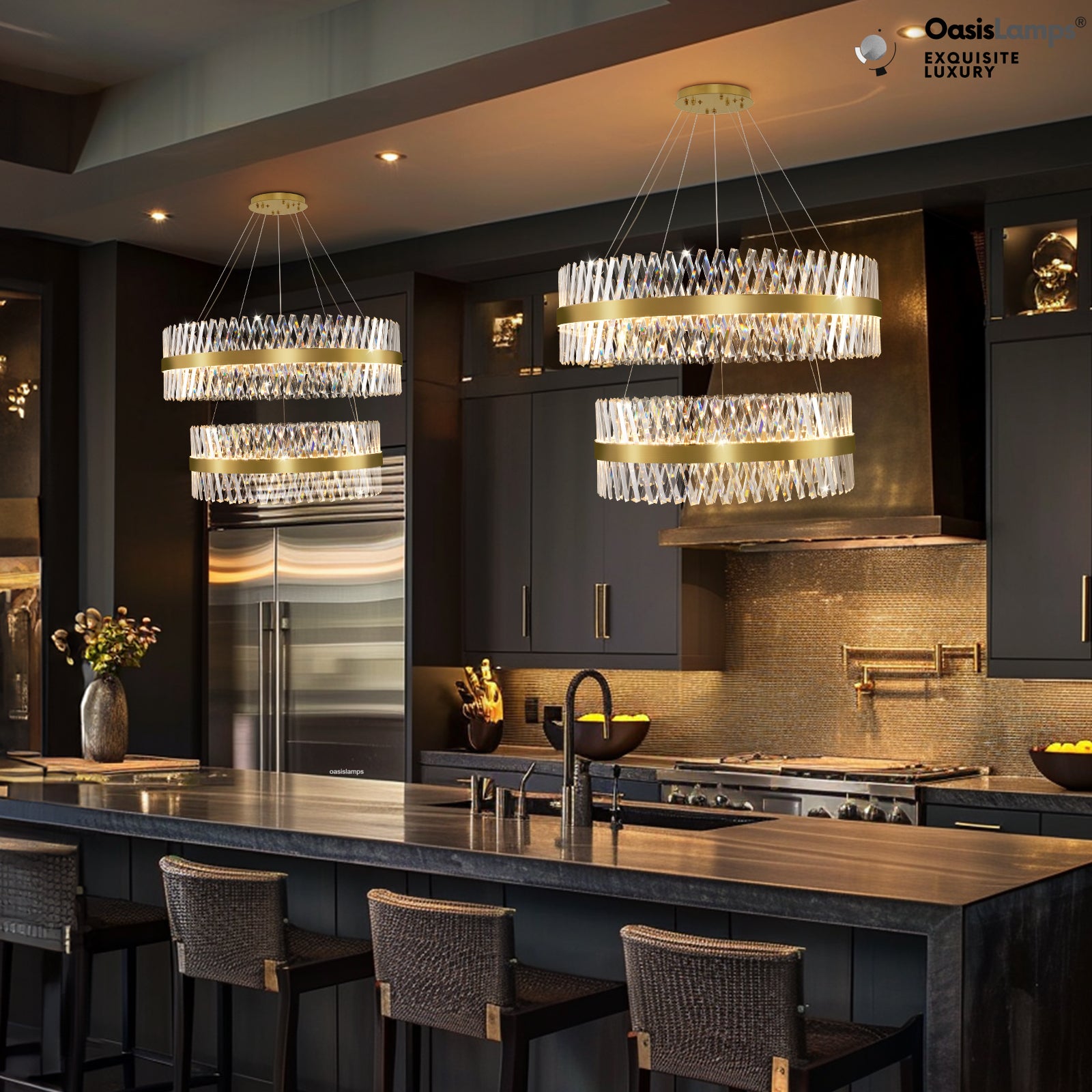 Vetro Prism Crystal 2-Tier Chandelier 31.5" 40" L#Color_Brass,size_D40"+D31.5"