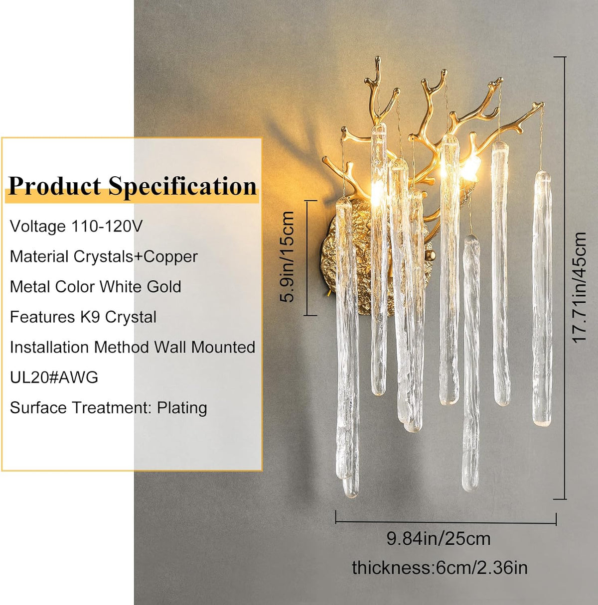 Ice Strip Crystal Gold Wall Sconce for All Rooms 17.7