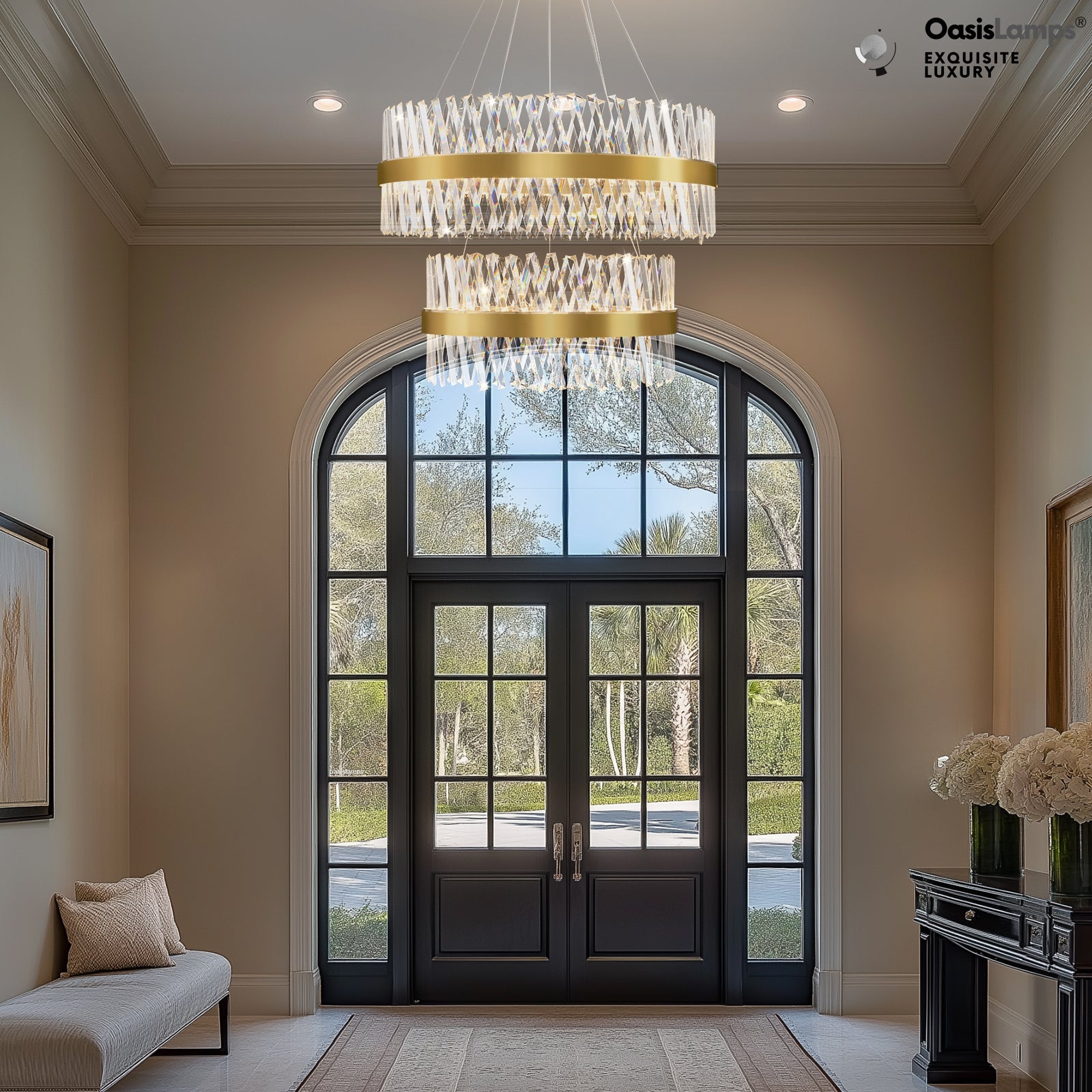 Vetro Prism Crystal 2-Tier Chandelier 31.5" 40" L#Color_Brass,size_D31.5"+D23.6"