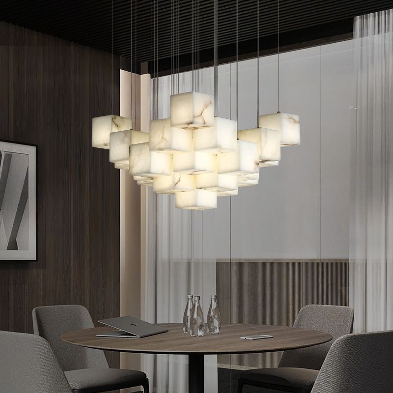 Dave Alabaster Cube Foyer Staircase Long Chandelier