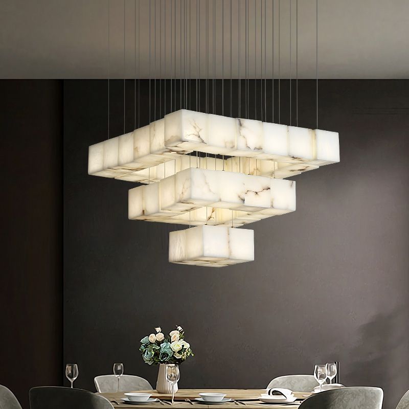 Dave Alabaster Cube Foyer Staircase Long Chandelier