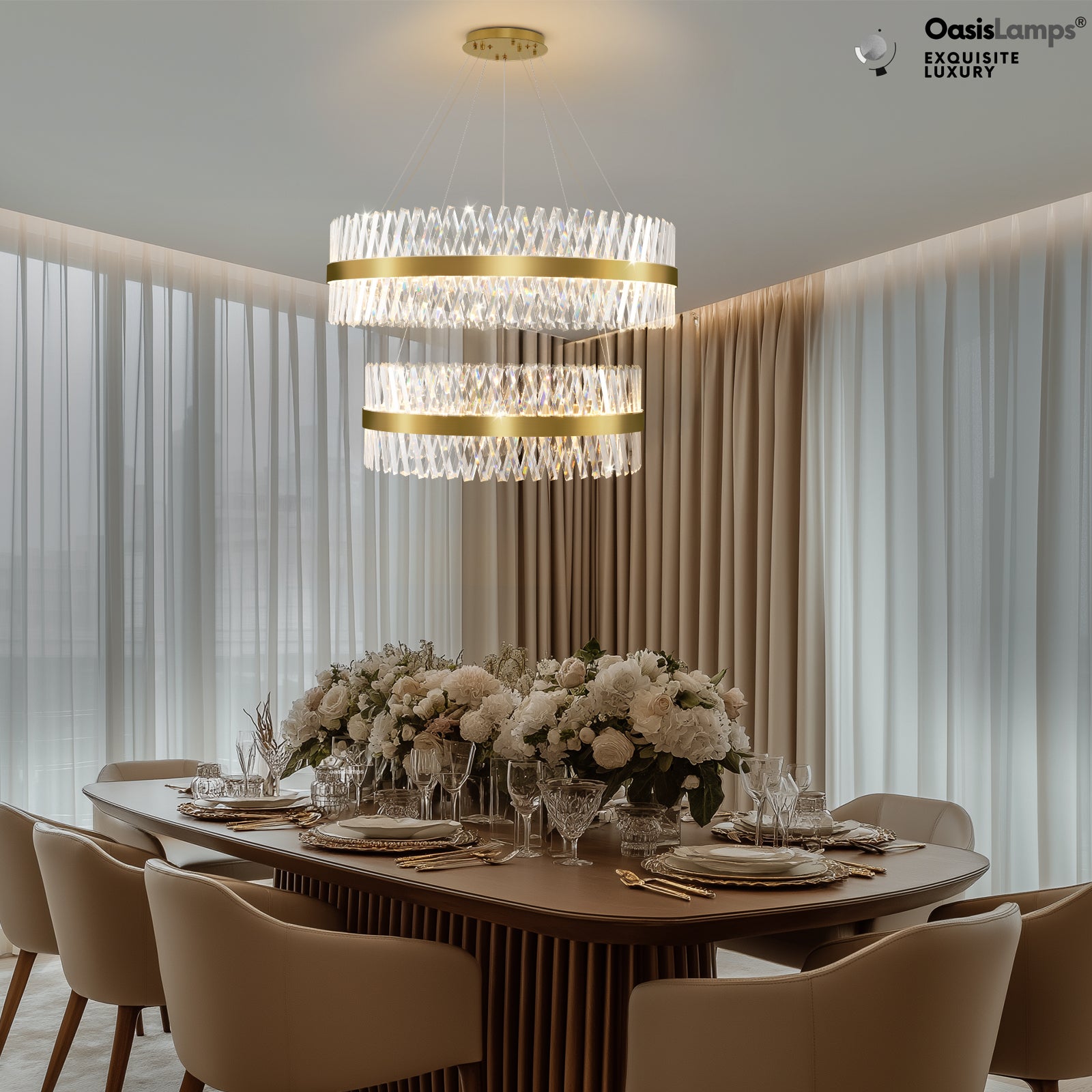 Vetro Prism Crystal 2-Tier Chandelier 31.5" 40" L#Color_Brass,size_D40"+D31.5"